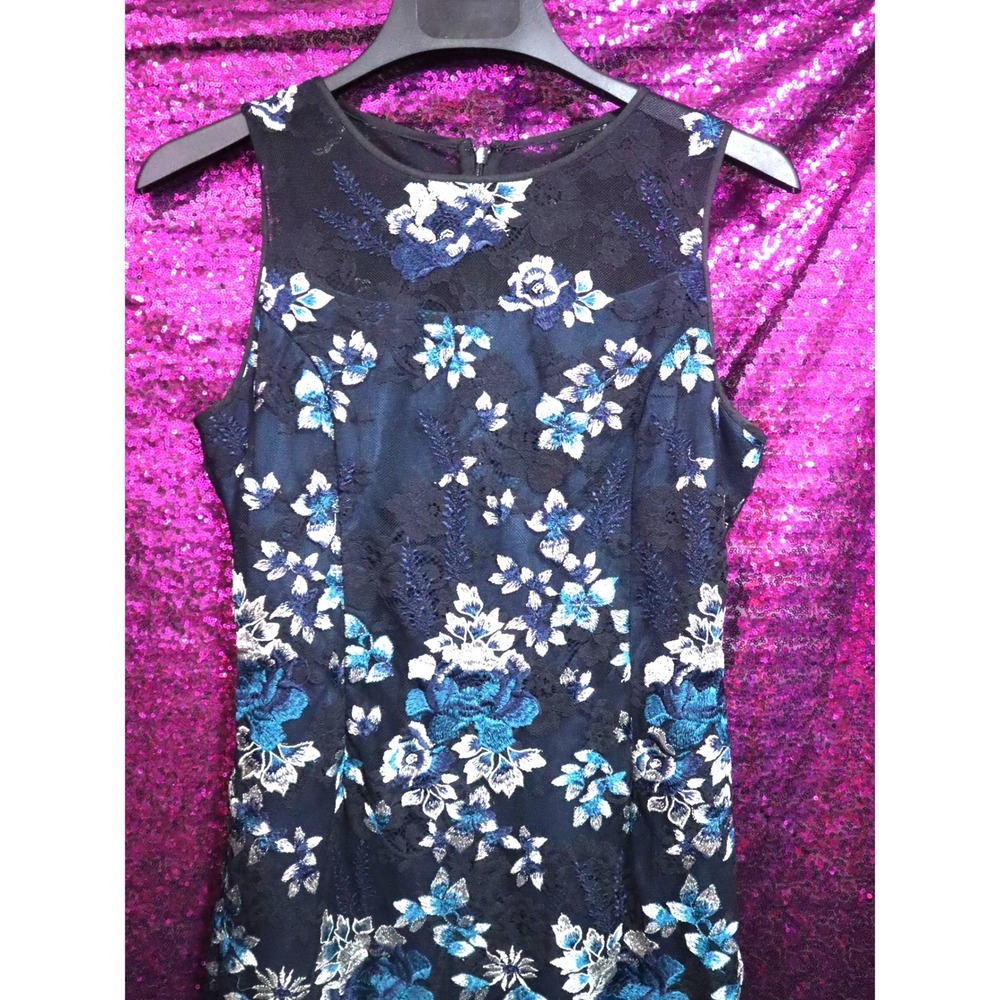 Black Blue Floral Embroidered Mesh Shift Dress 4 White House Black Market Women - Picture 7 of 8